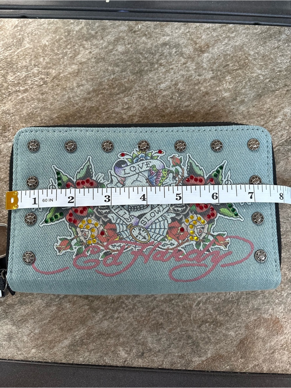 Ed Hardy Light Blue Denim Skull & Roses Wristlet Wallet - Picture 11 of 13